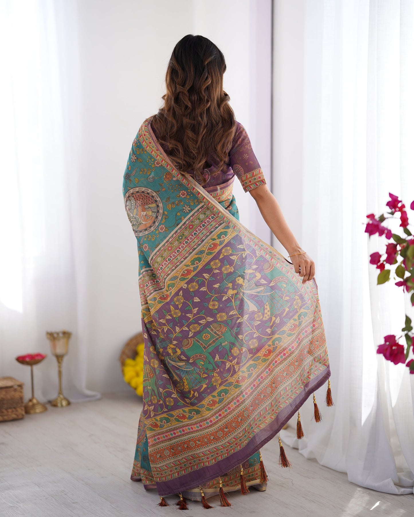 Sea Green & Purple Linen Cotton Saree with Hand-Painted Krishna Raas Leela Pallu