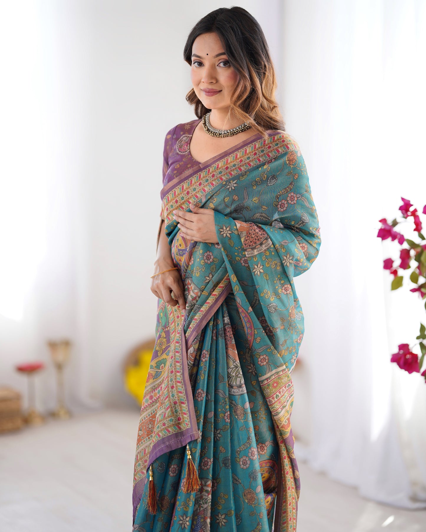 Sea Green & Purple Linen Cotton Saree with Hand-Painted Krishna Raas Leela Pallu