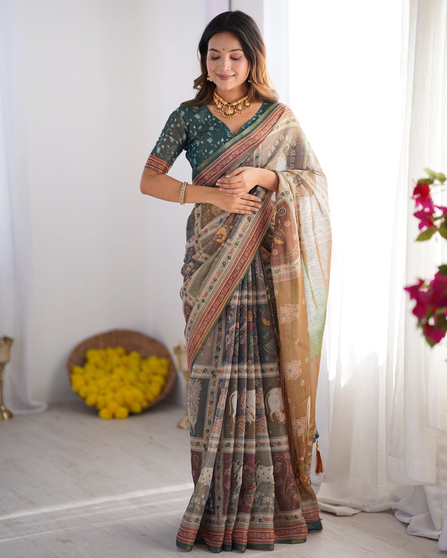 Teal Green & Brown Pure Linen Cotton Handloom Saree with Royal Cow & Tree Motif Pallu