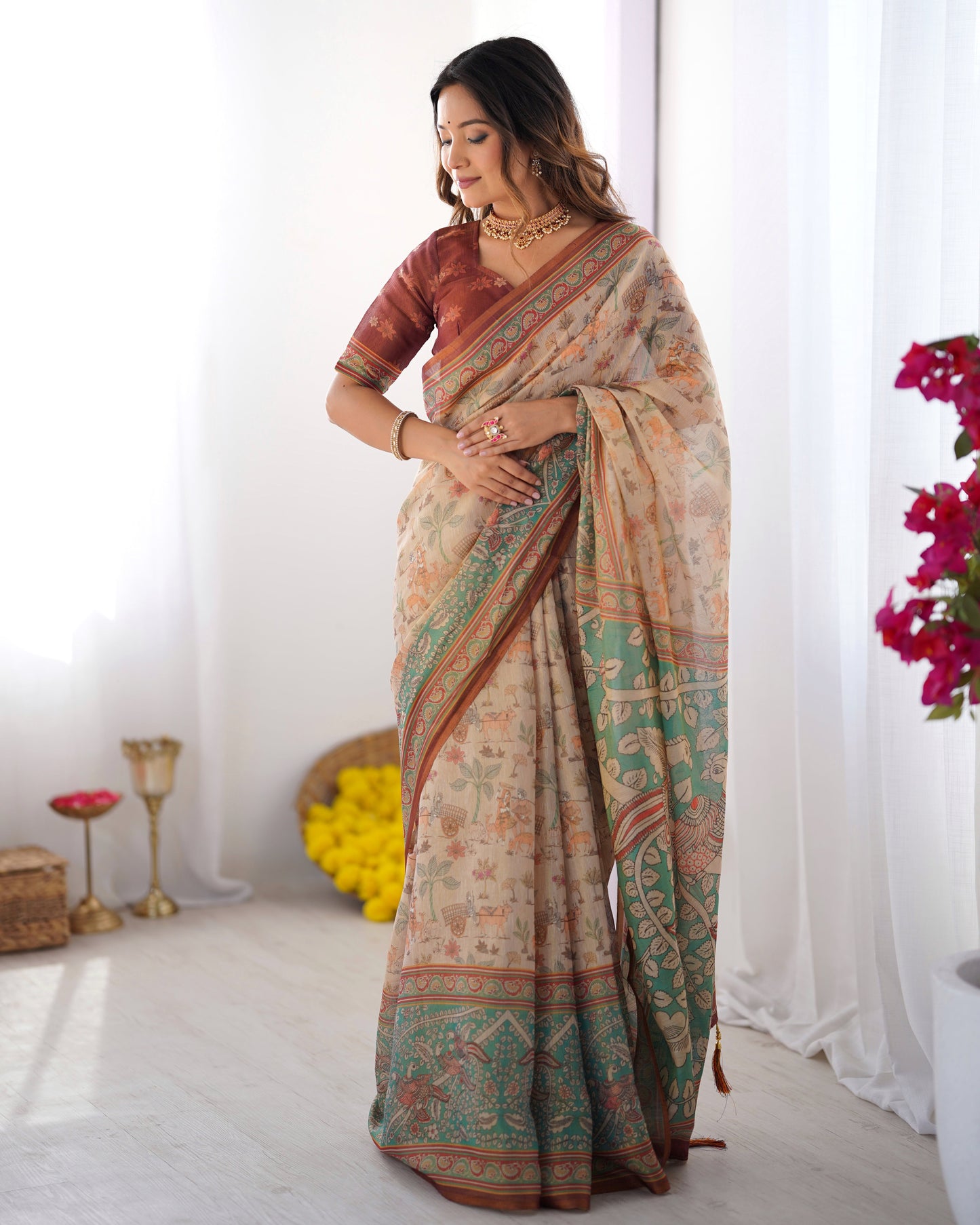 Beige & Green Handloom Cotton Saree with Village Life Print and Majestic Peacock Pallu