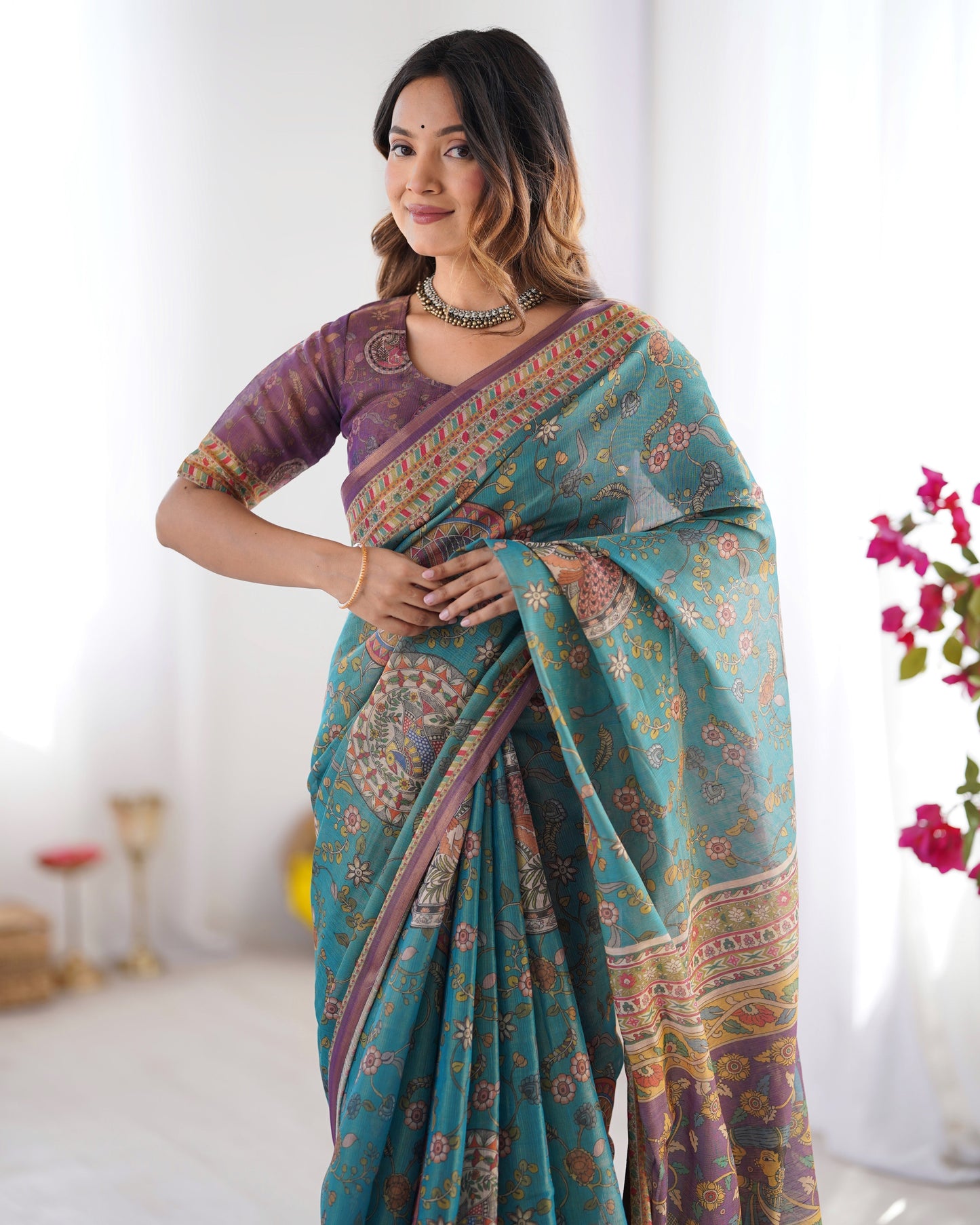 Sea Green & Purple Linen Cotton Saree with Hand-Painted Krishna Raas Leela Pallu