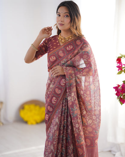 Maroon Pure Linen Cotton Handloom Saree with Elephant Motifs and Floral Digital Print