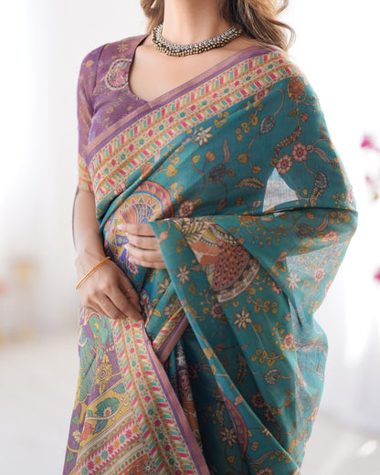 Sea Green & Purple Linen Cotton Saree with Hand-Painted Krishna Raas Leela Pallu