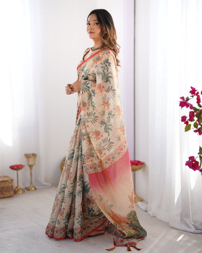 Beige & Red Handloom Linen Cotton Saree with Camel Caravan & Palace Artwork