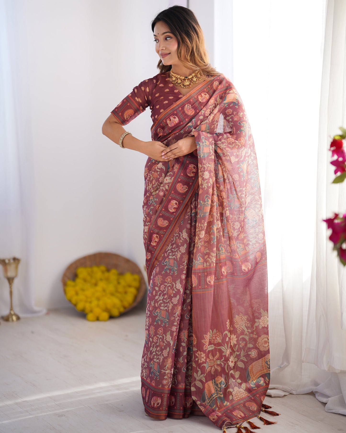 Maroon Pure Linen Cotton Handloom Saree with Elephant Motifs and Floral Digital Print