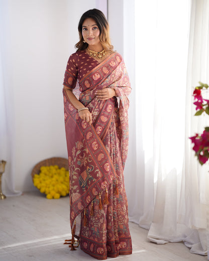Maroon Pure Linen Cotton Handloom Saree with Elephant Motifs and Floral Digital Print