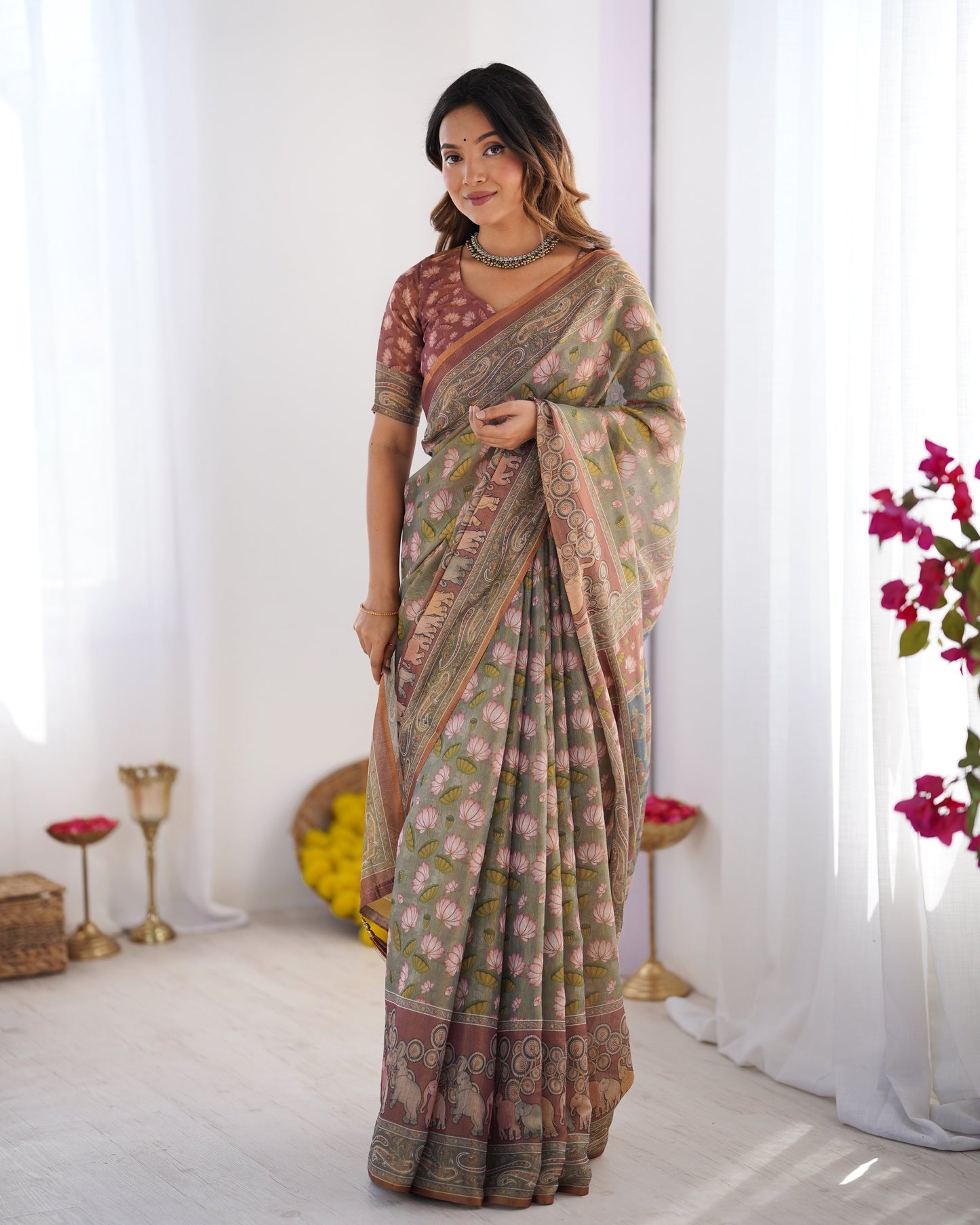 Olive Green Pure Linen Cotton Handloom Saree with Pink Lotus Motifs & Maroon Blouse