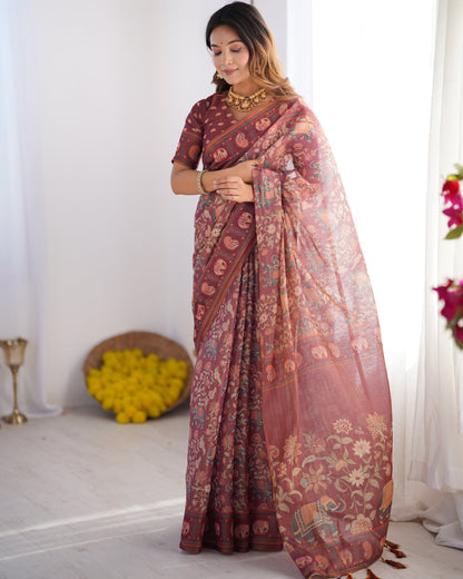 Maroon Pure Linen Cotton Handloom Saree with Elephant & Floral Folk Art