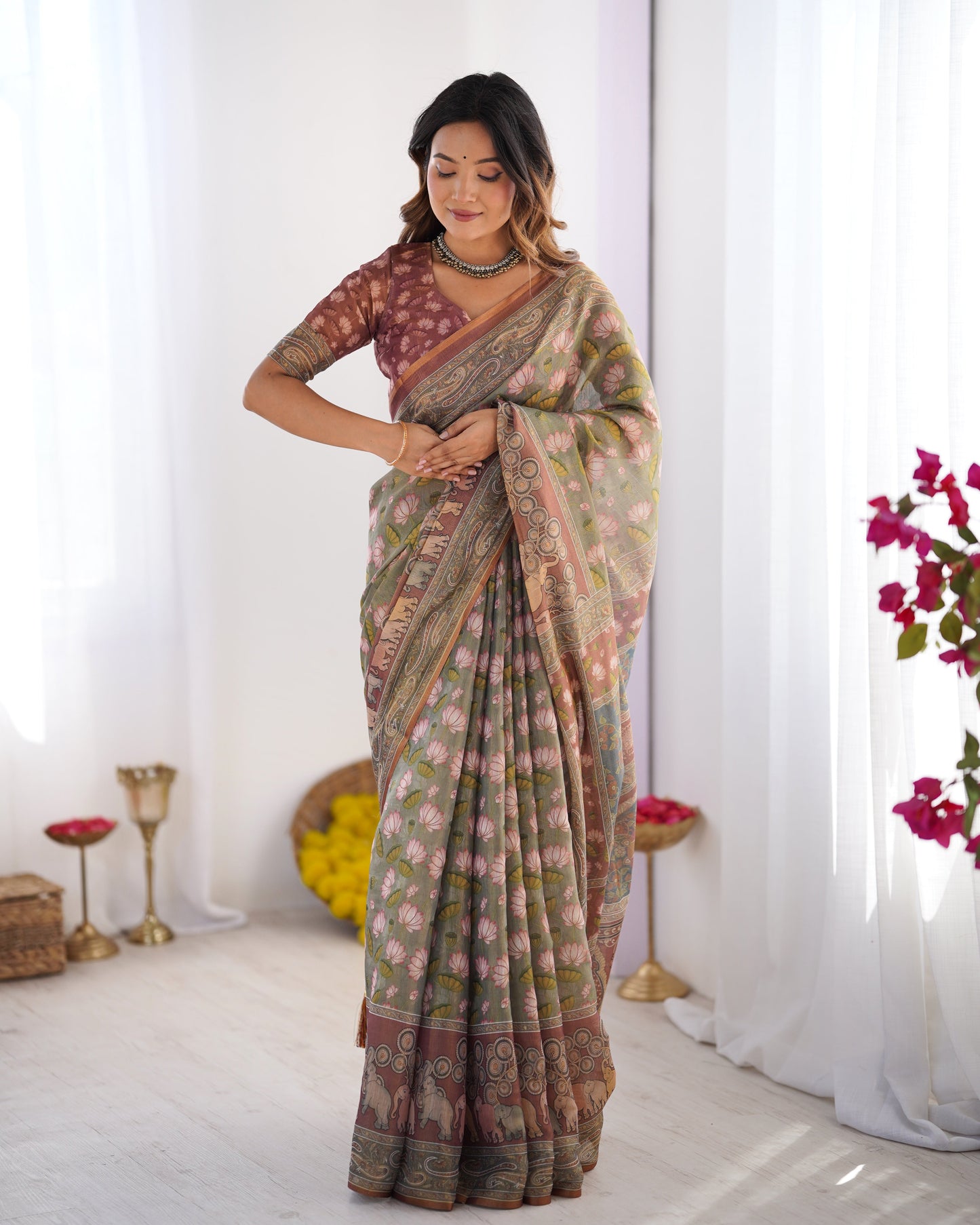 Olive Green Pure Linen Cotton Handloom Saree with Pink Lotus Motifs & Maroon Blouse