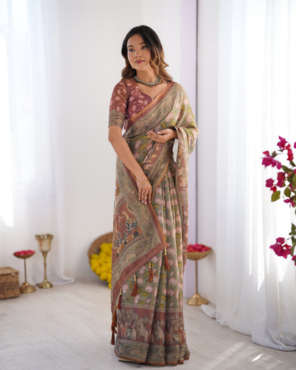 Olive Green Pure Linen Cotton Handloom Saree with Pink Lotus Motifs & Maroon Blouse