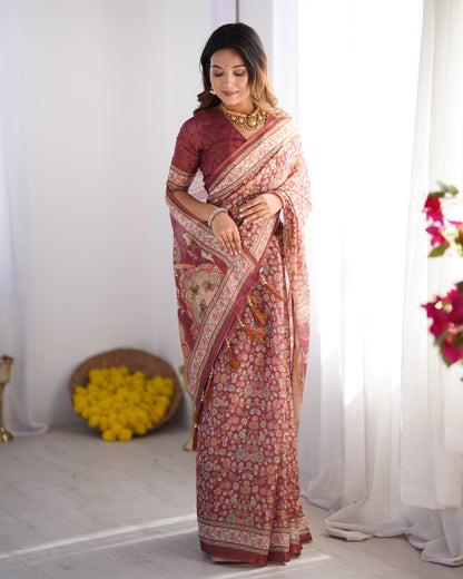 Maroon Pure Linen Cotton Handloom Saree with Elephant & Floral Folk Art