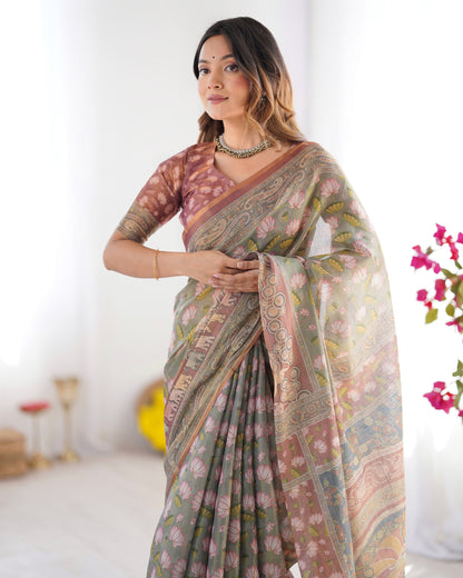 Olive Green Pure Linen Cotton Handloom Saree with Pink Lotus Motifs & Maroon Blouse