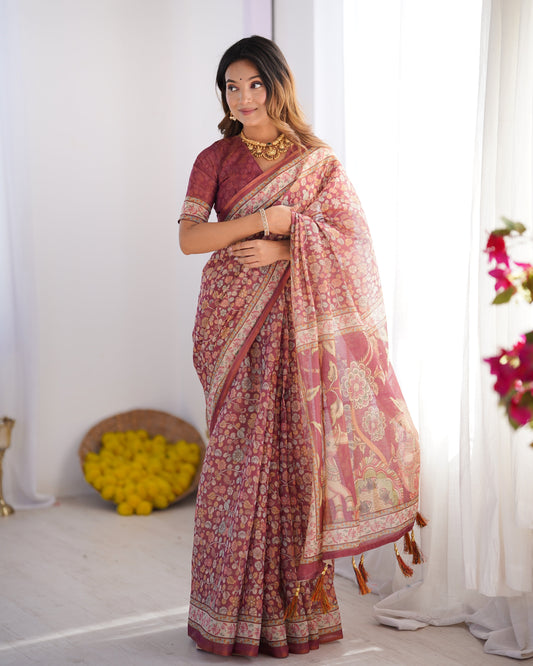Maroon Pure Linen Cotton Handloom Saree with Elephant & Floral Folk Art