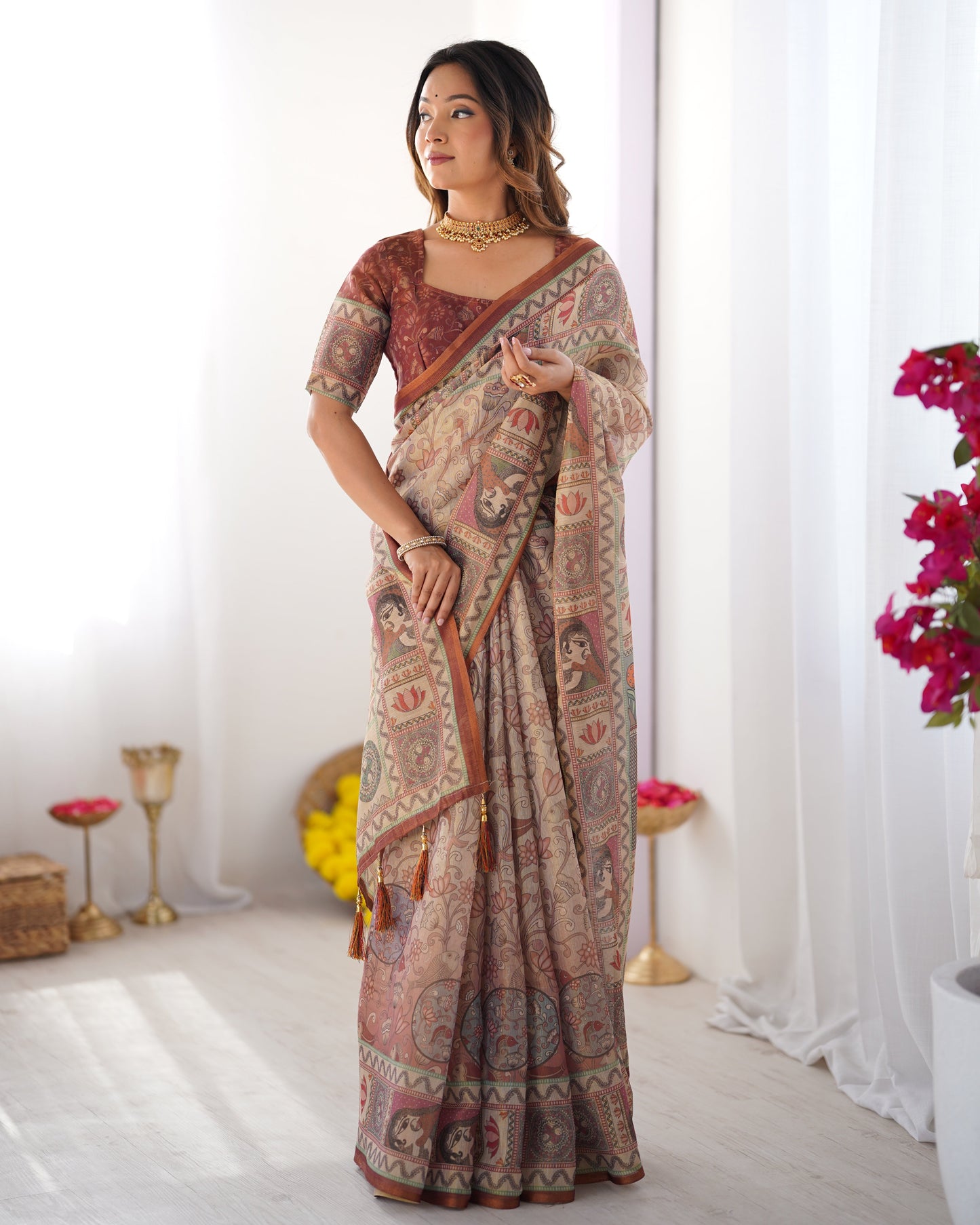 Beige & Maroon Handloom Cotton Saree with Royal Faces & Elephant Pallu Motif