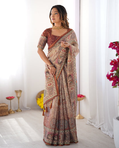 Beige & Maroon Handloom Cotton Saree with Royal Faces & Elephant Pallu Motif