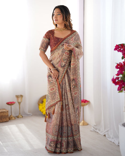 Beige & Maroon Handloom Cotton Saree with Royal Faces & Elephant Pallu Motif