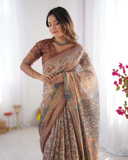 Beige & Rust Pure Linen Cotton Saree with Folk Animal Motif & Floral Print
