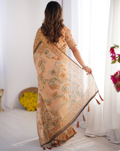 Peach Orange Pure Linen Cotton Handloom Saree with Floral Vine Print and Elegant Pallu Artwork