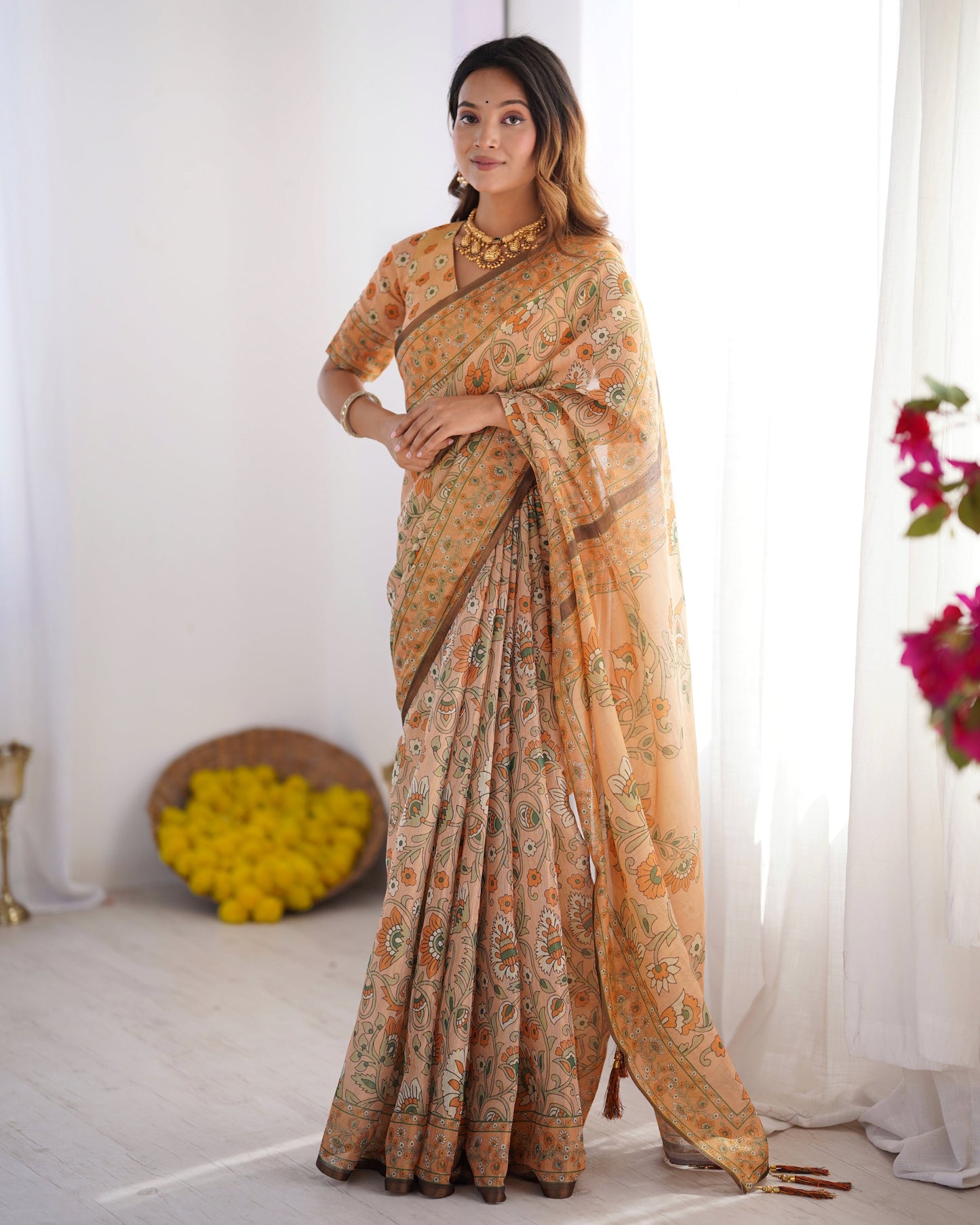 Peach Orange Pure Linen Cotton Handloom Saree with Floral Vine Print and Elegant Pallu Artwork