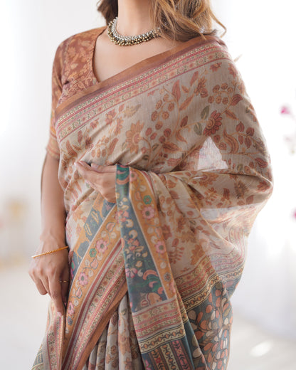 Beige & Rust Pure Linen Cotton Saree with Folk Animal Motif & Floral Print