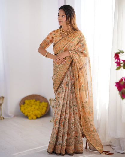 Peach Orange Pure Linen Cotton Handloom Saree with Floral Vine Print and Elegant Pallu Artwork