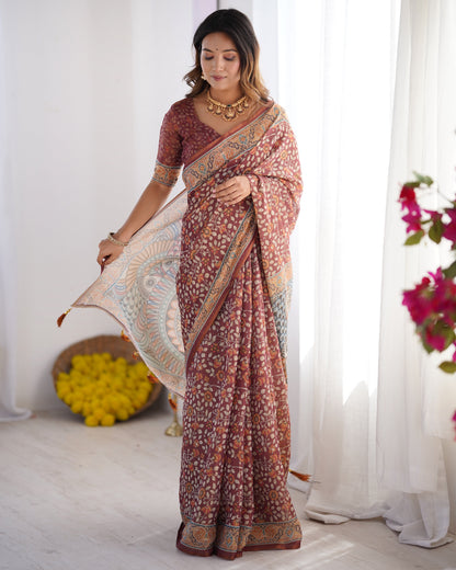 Maroon Pure Linen Cotton Handloom Saree with Floral Buti Print and Madhubani Fish Art Pallu