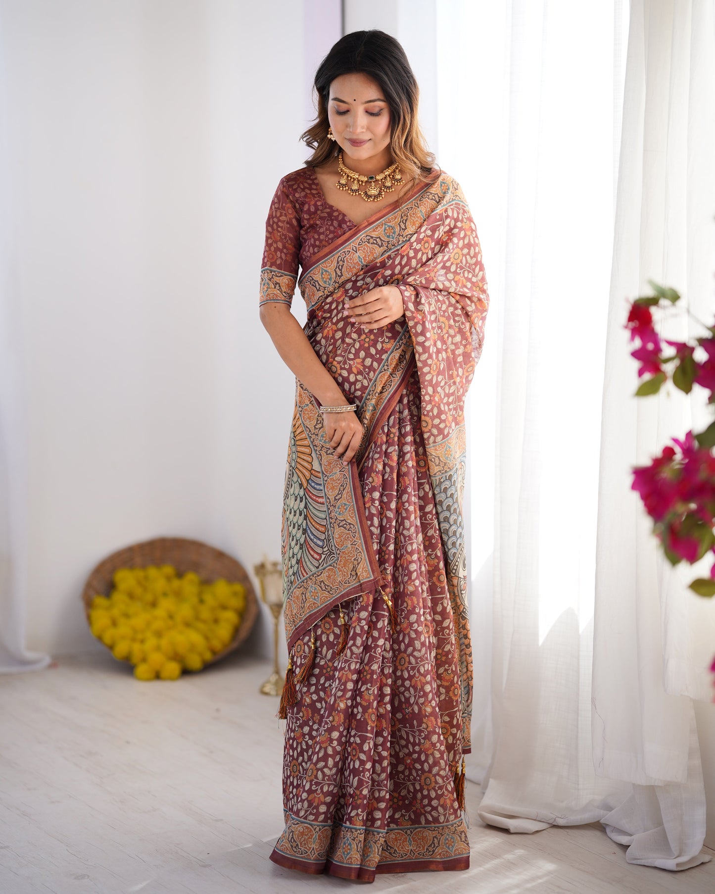 Maroon Pure Linen Cotton Handloom Saree with Floral Buti Print and Madhubani Fish Art Pallu