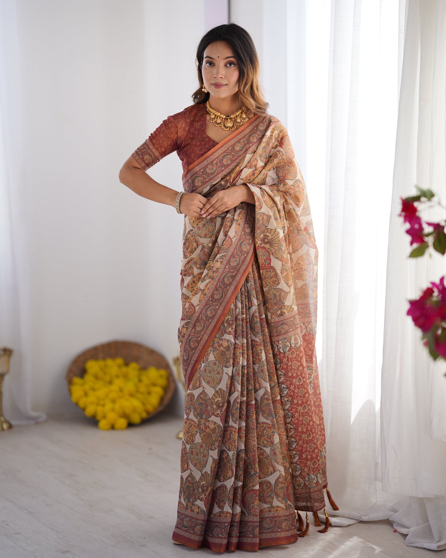Handloom Linen Cotton Printed Saree with Traditional Mithila Art Pallu – Earthy Beige & Maroon