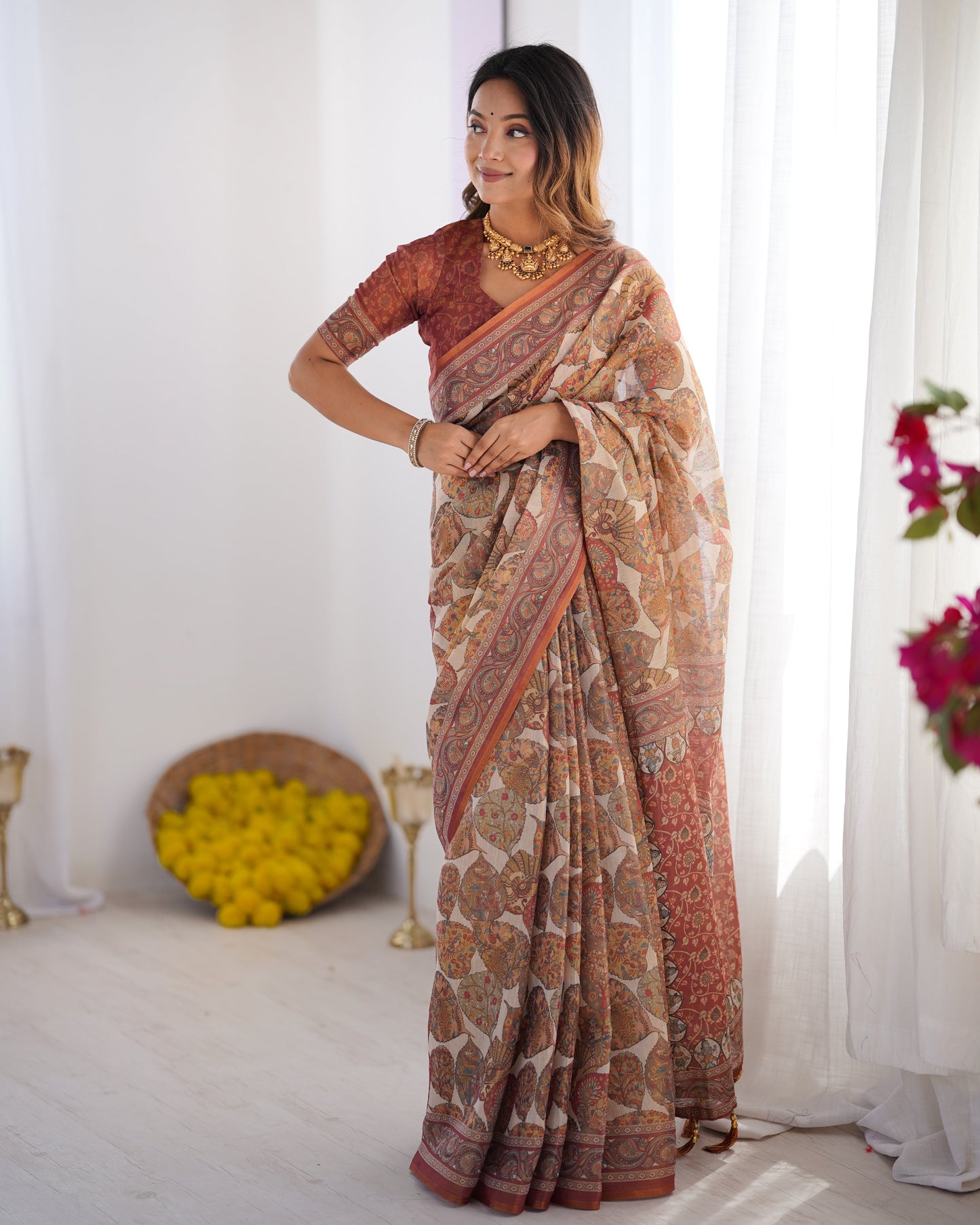 Handloom Linen Cotton Printed Saree with Traditional Mithila Art Pallu – Earthy Beige & Maroon