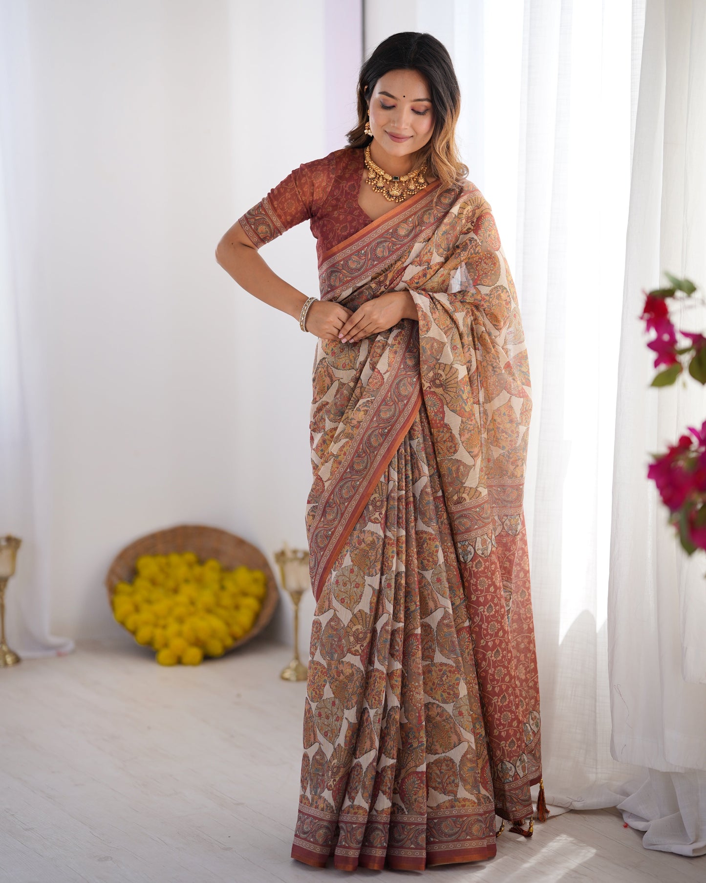 Handloom Linen Cotton Printed Saree with Traditional Mithila Art Pallu – Earthy Beige & Maroon