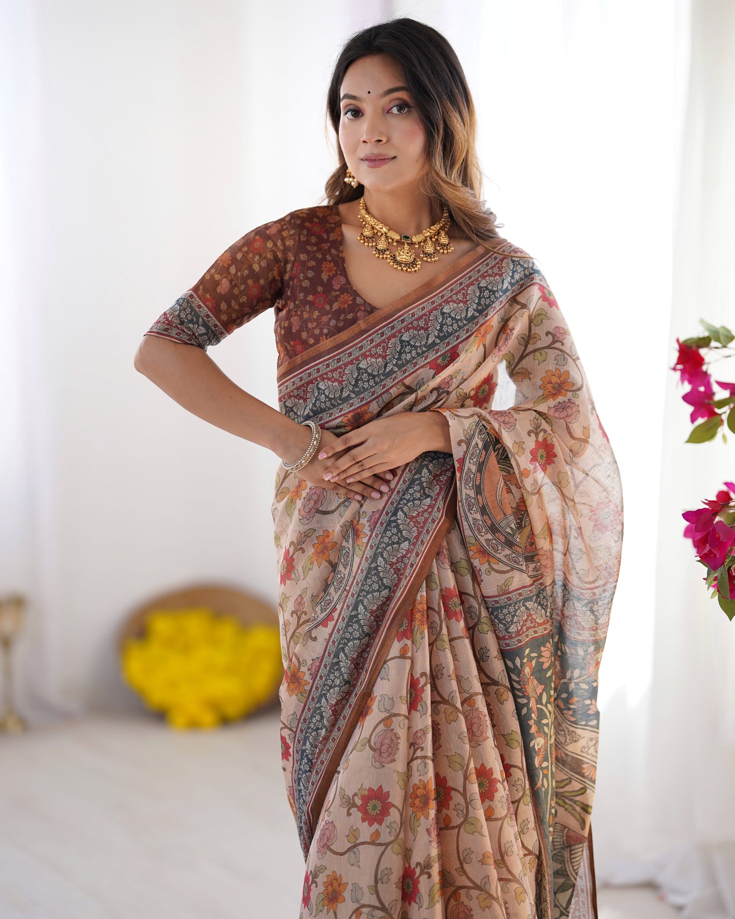 Handloom Linen Cotton Printed Saree with Traditional Mithila Art Pallu – Earthy Beige & Maroon