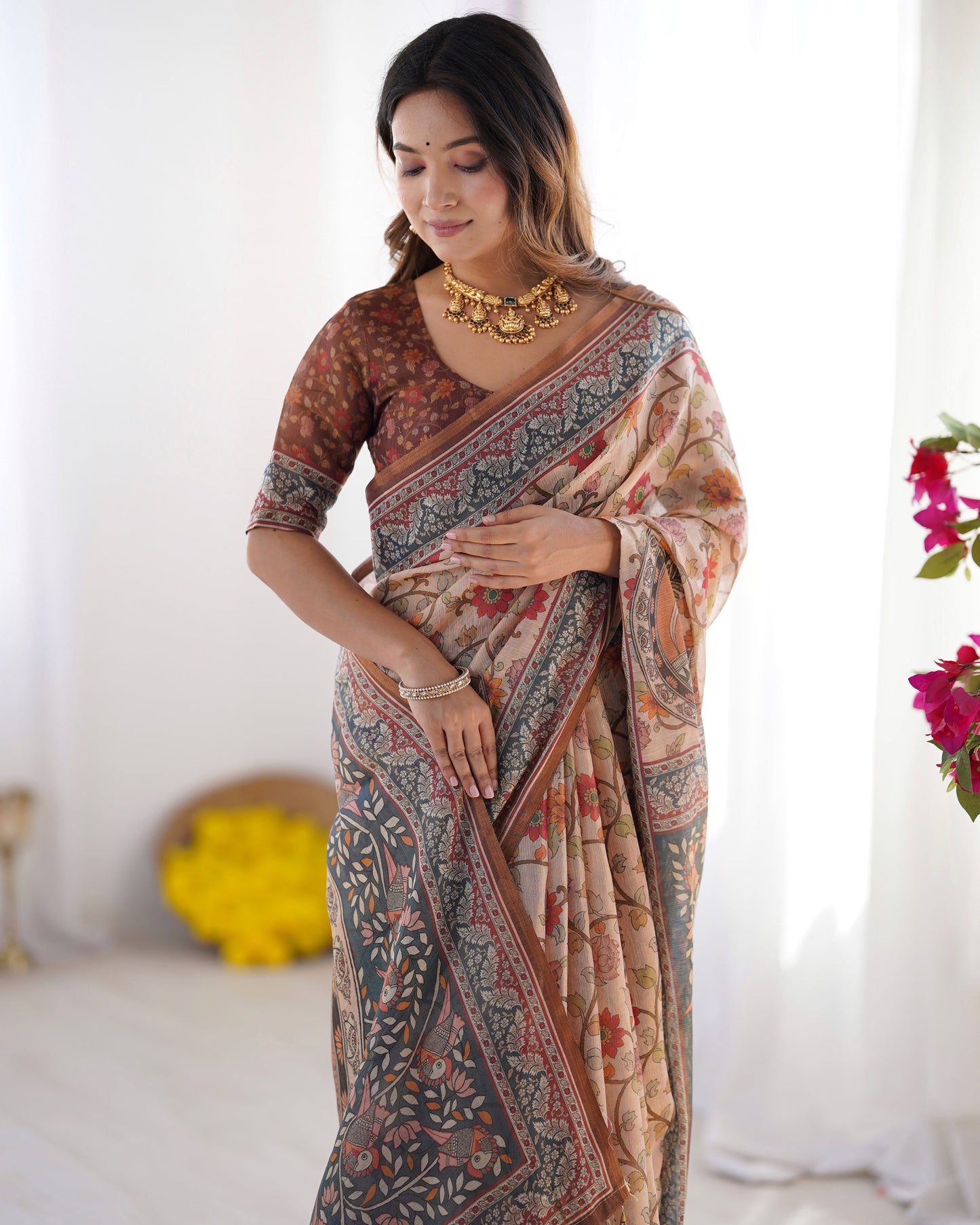 Handloom Linen Cotton Printed Saree with Traditional Mithila Art Pallu – Earthy Beige & Maroon
