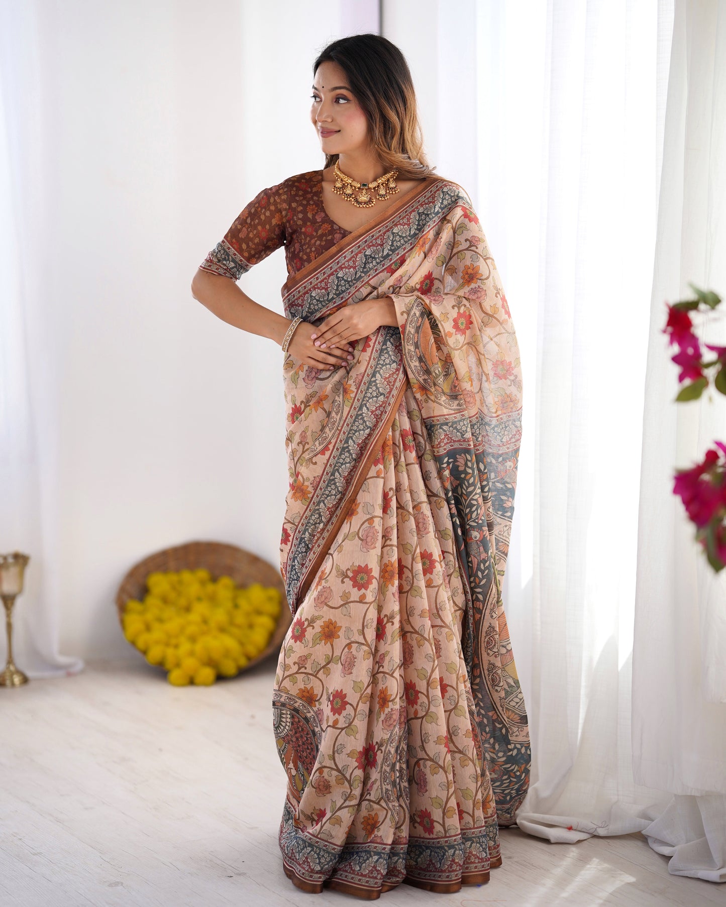 Handloom Linen Cotton Printed Saree with Traditional Mithila Art Pallu – Earthy Beige & Maroon