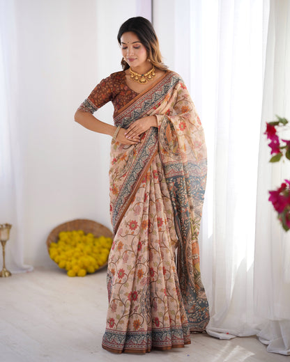 Handloom Linen Cotton Printed Saree with Traditional Mithila Art Pallu – Earthy Beige & Maroon