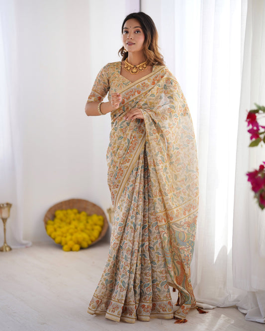 Handloom Linen Cotton Printed Saree with Mythical Animal Art Pallu – Soft Cream with Terracotta & Teal Accents