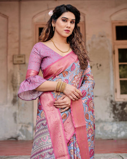 Pure Silk Digitally Printed Saree Weaved With Golden Zari Comes With Tassels - Almaari Fashion