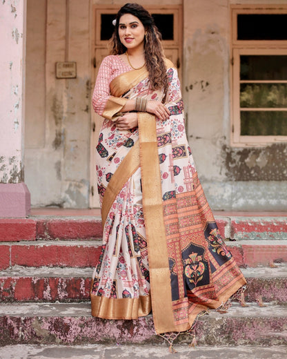 Pure Silk Digitally Printed Saree Weaved With Golden Zari Comes With Tassels - Almaari Fashion