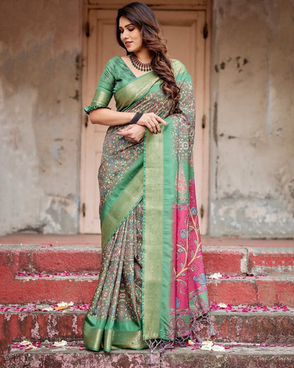 Pure Silk Digitally Printed Saree Weaved With Golden Zari Comes With Tassels - Almaari Fashion