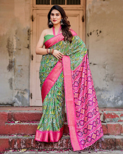 Pure Silk Digitally Printed Saree Weaved With Golden Zari Comes With Tassels - Almaari Fashion